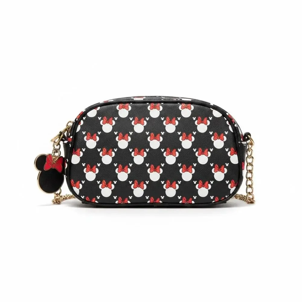 Disney Minnie Mouse Camera Crossbody Bag Black Red Bow Print Chain Strap Purse